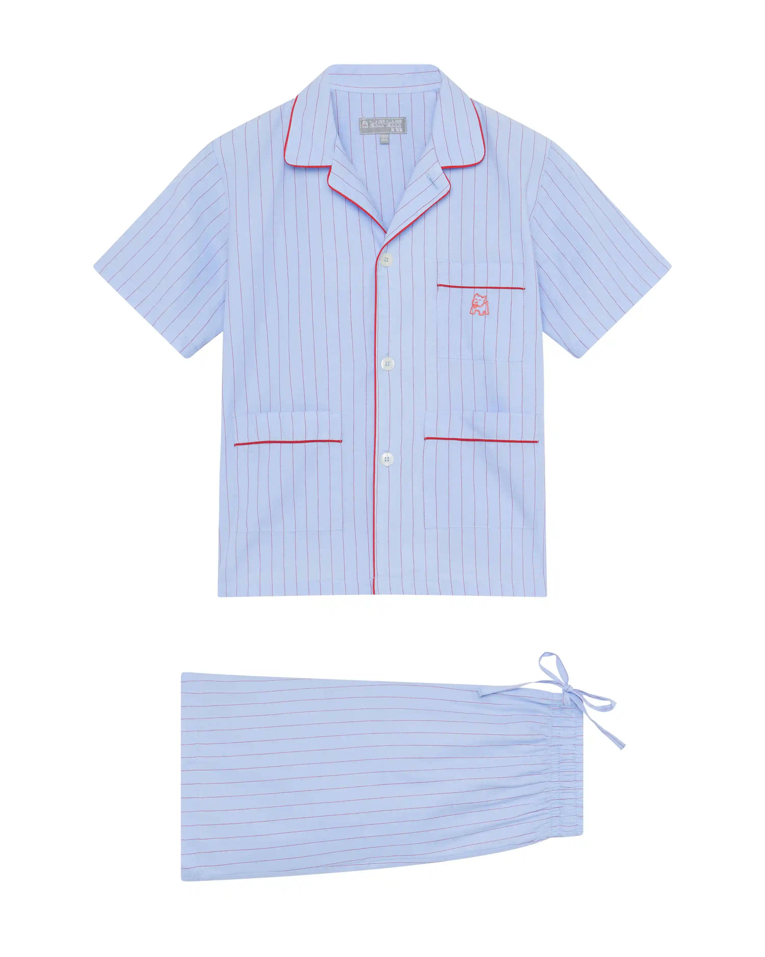 Pijama de niño corto dos piezas de algodón azul con rayas