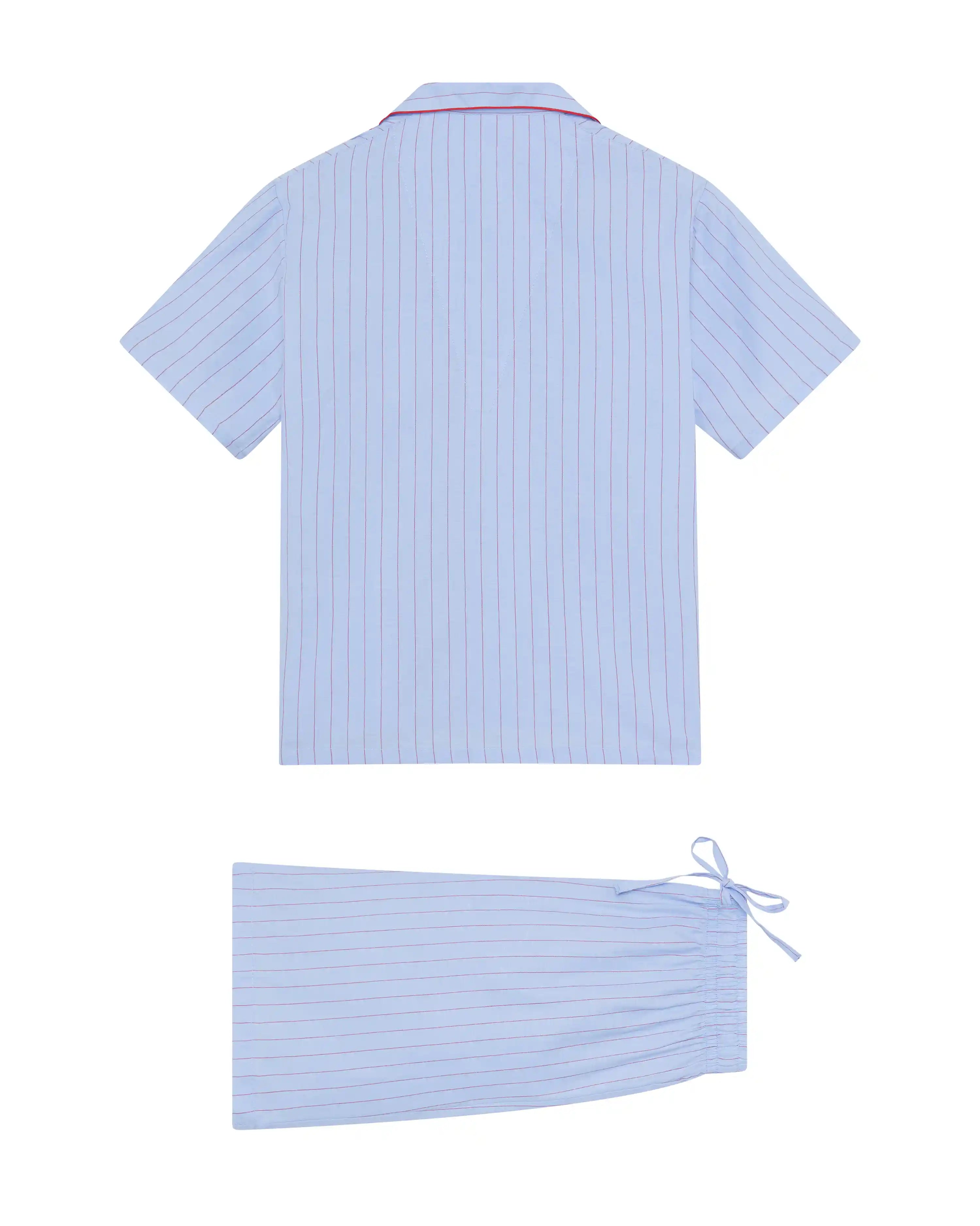 Pijama de niño corto dos piezas de algodón azul con rayas