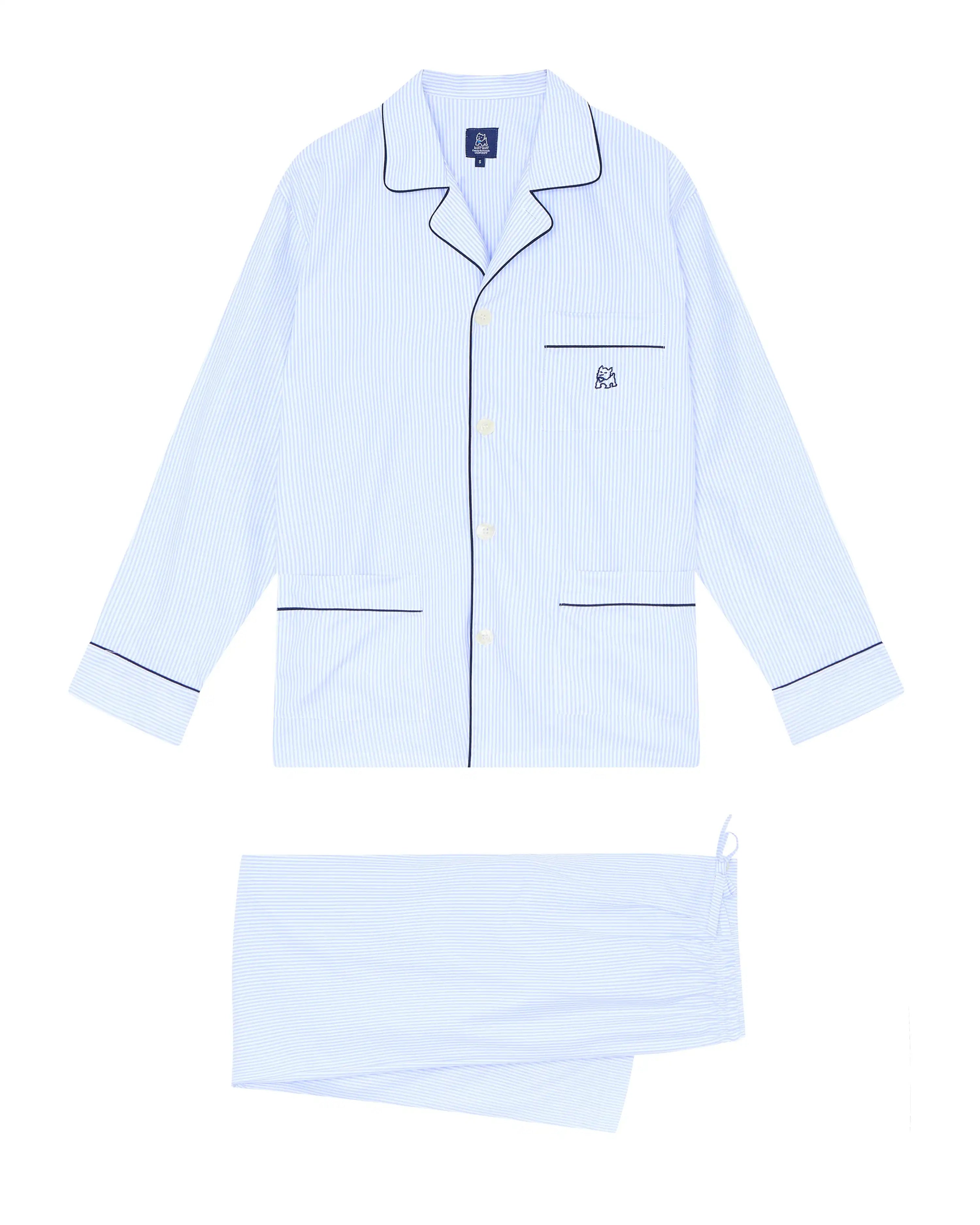 Pijama largo de hombre en tela oxford de rayas azul claro