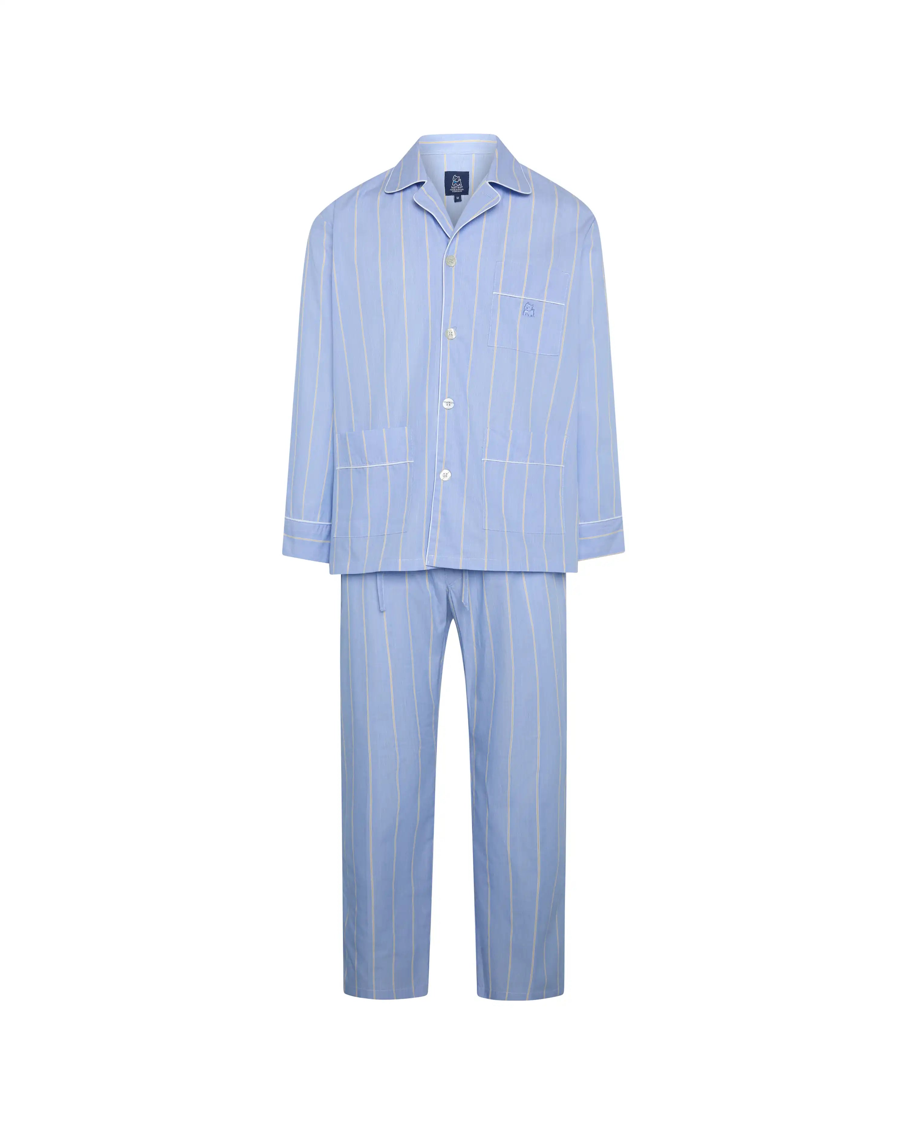 Pijama largo de hombre de tela algodón azul con rayas en amarillo