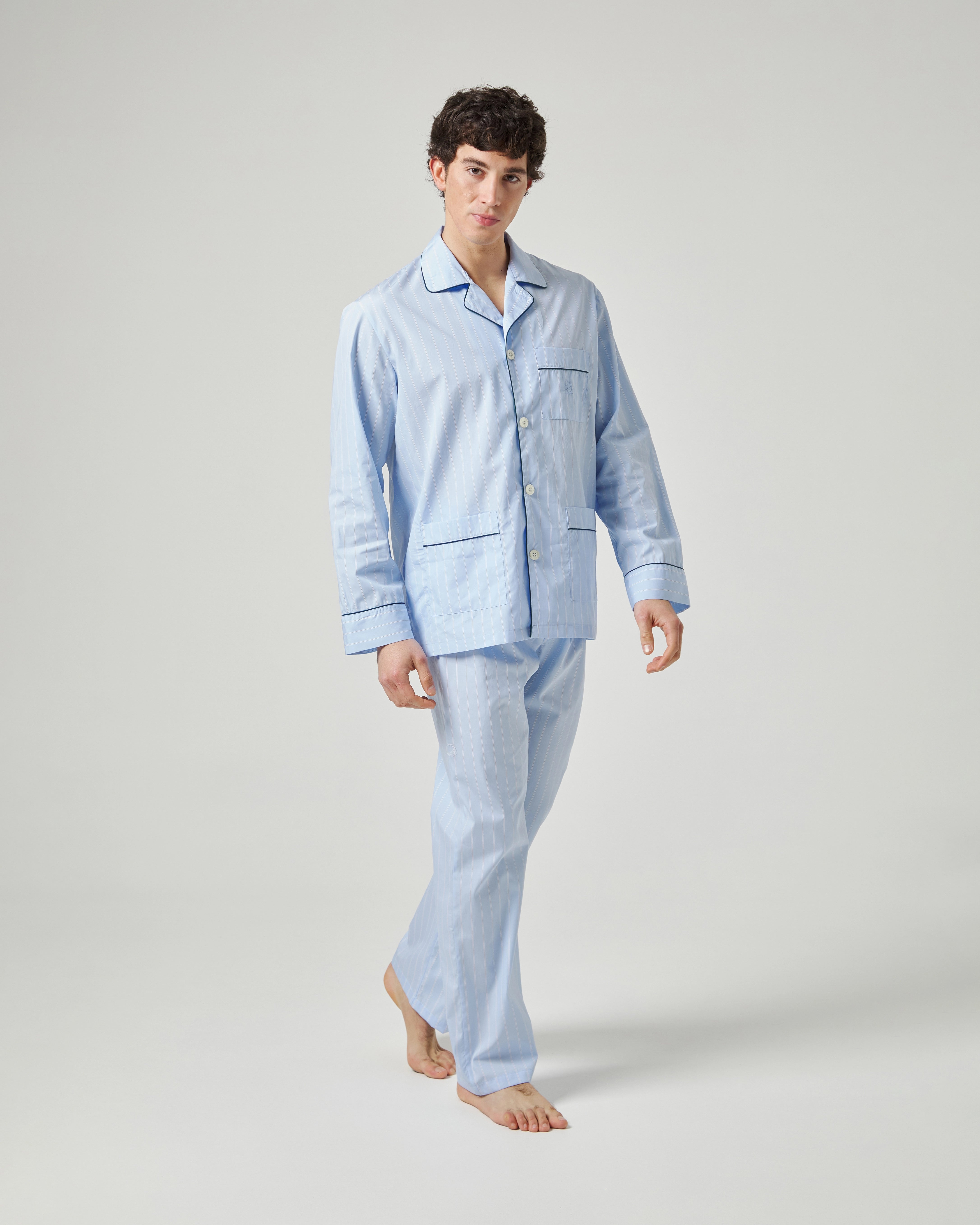 Pijama largo de hombre de tela algodón azul con raya en azul marino