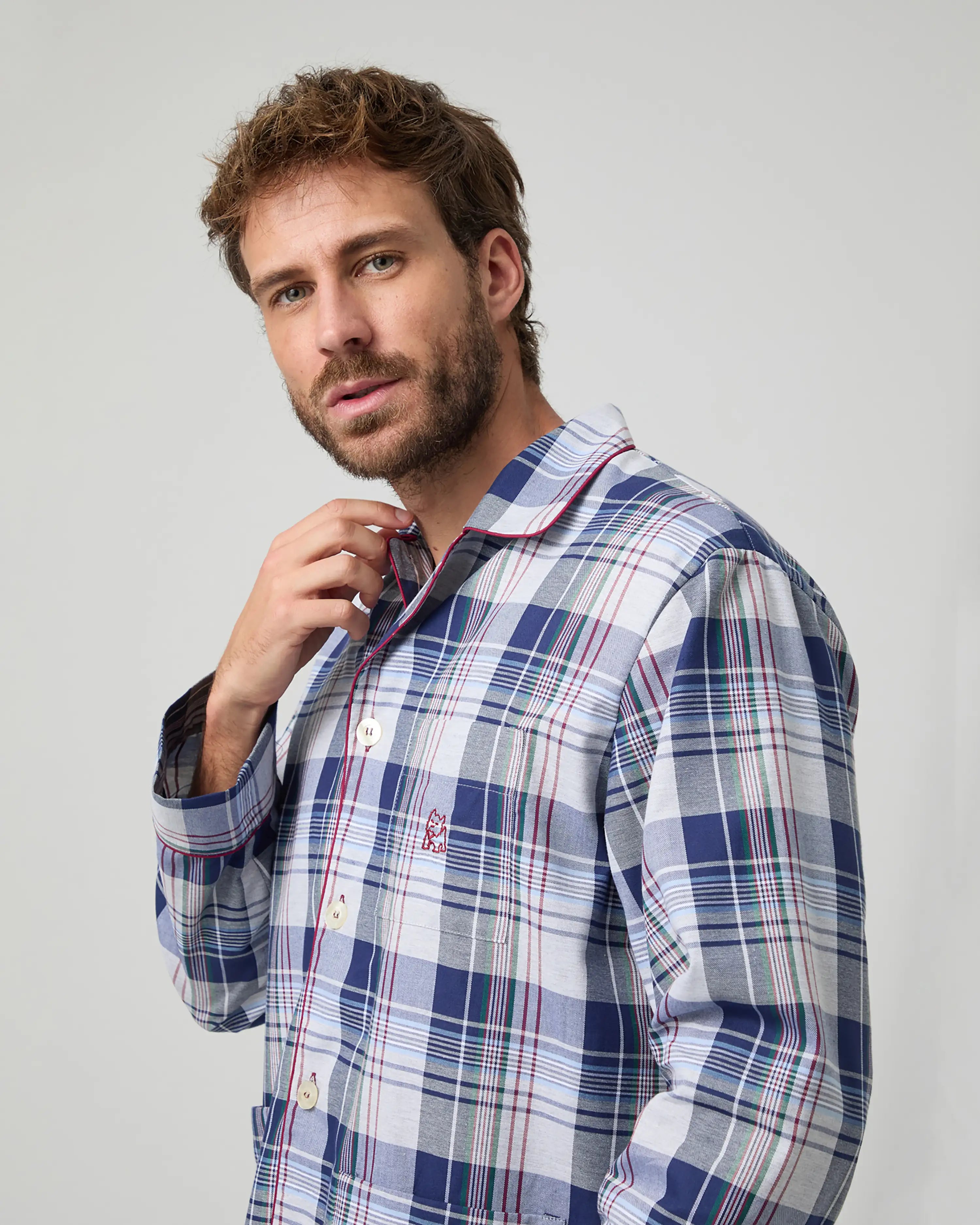 Pijama largo de hombre tejido caliente de cuadros