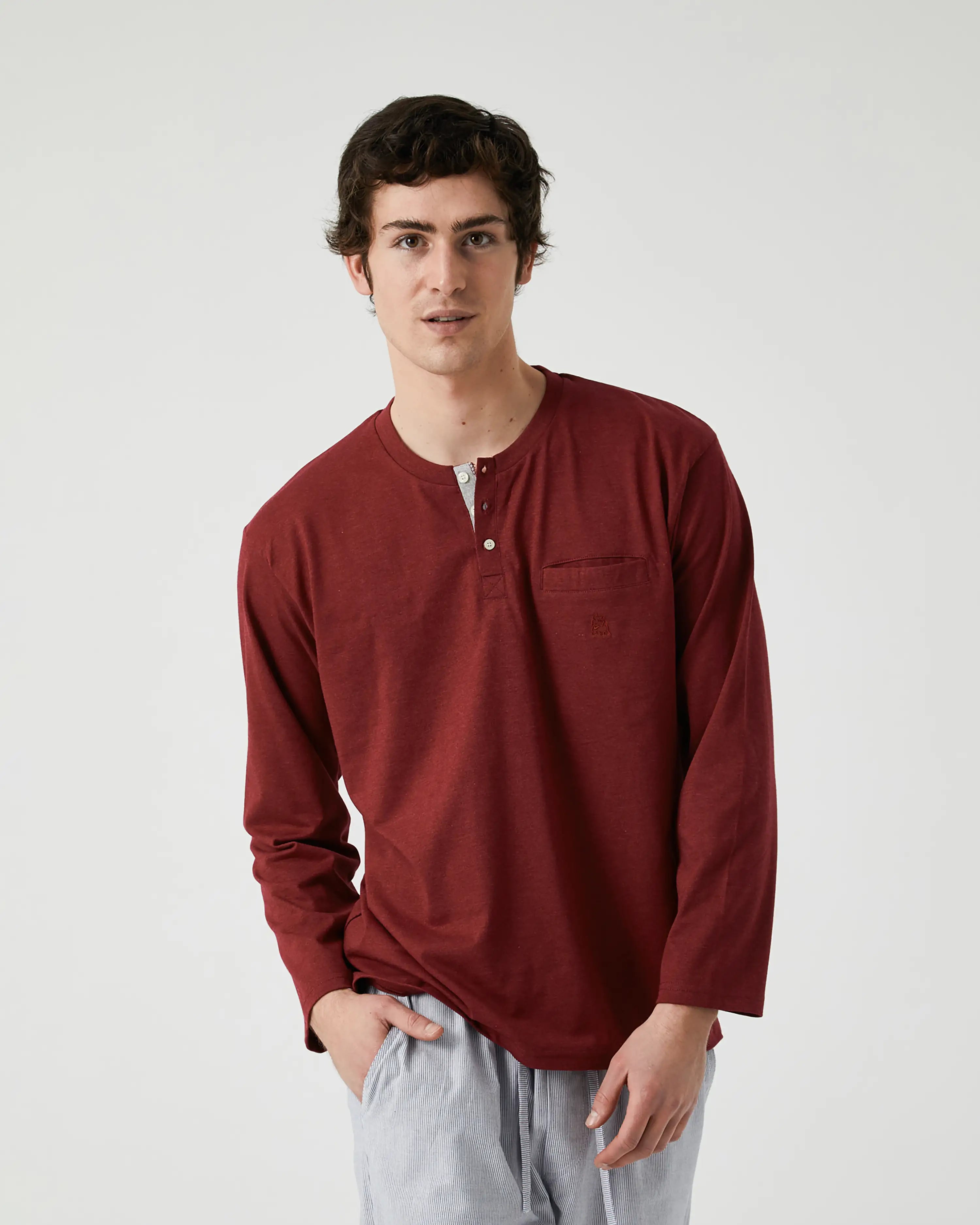 Camiseta de pijama de hombre manga larga burdeos