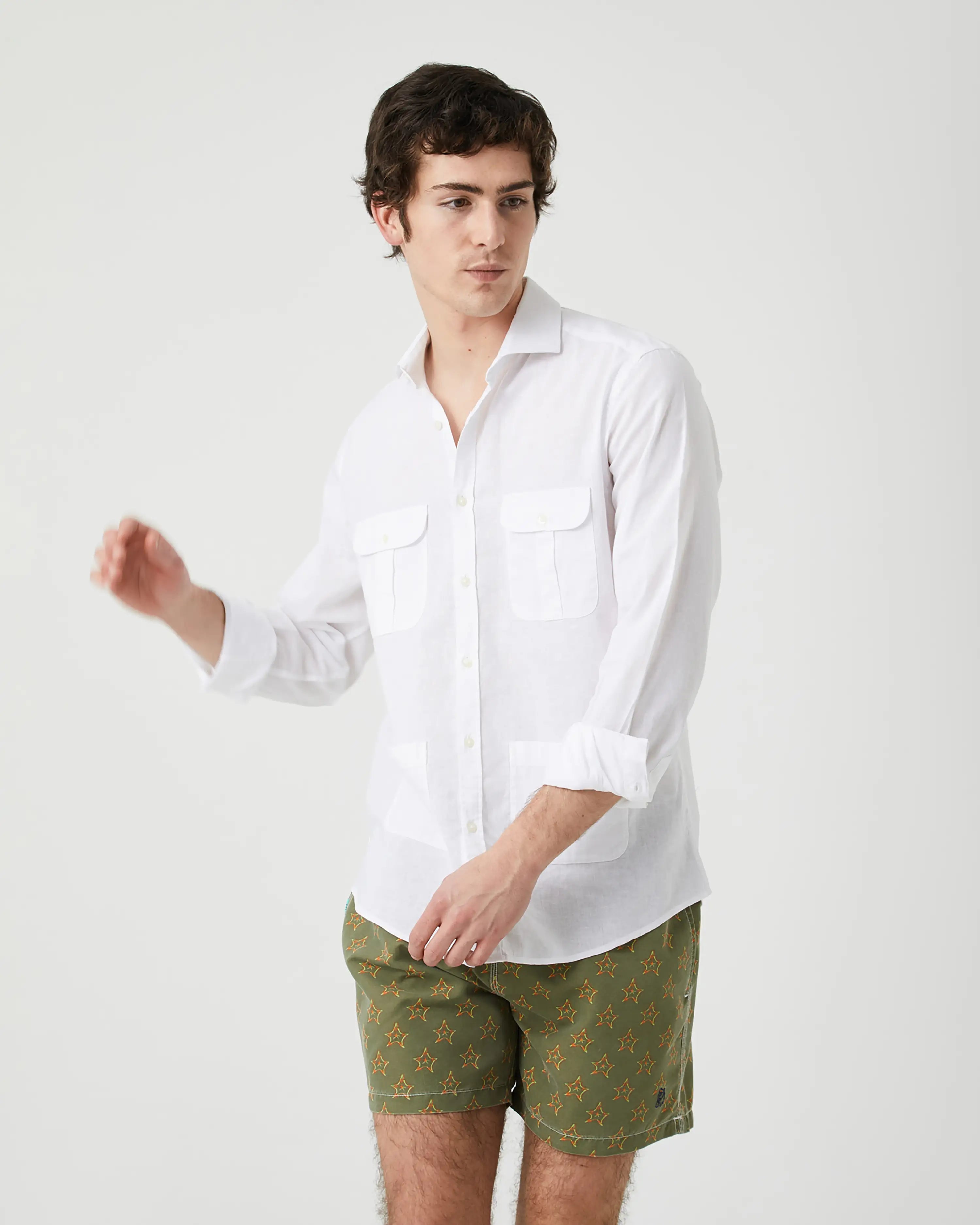 Camisa de Hombre Tipo Sahariana en Mezcla de Lino y Algodón