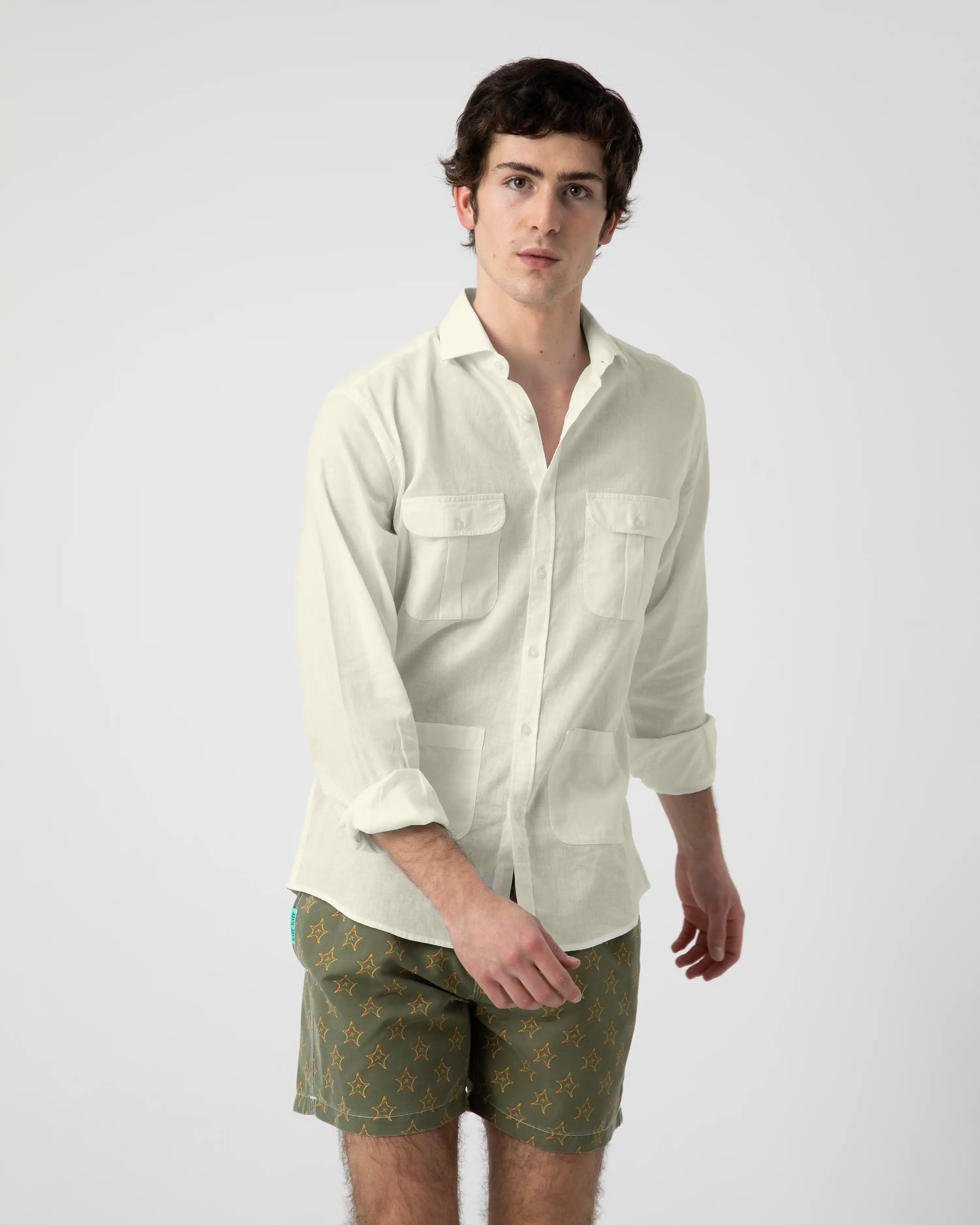 Camisa de Hombre Tipo Sahariana en Mezcla de Lino y Algodón