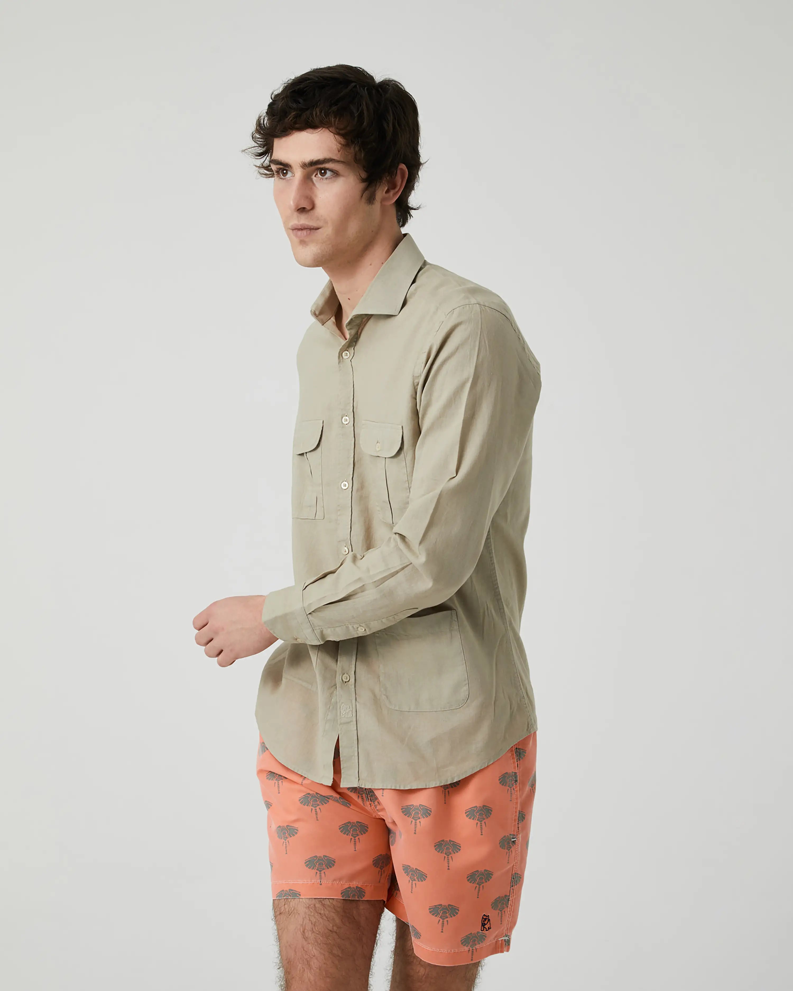 Camisa de Hombre Tipo Sahariana en Mezcla de Lino y Algodón