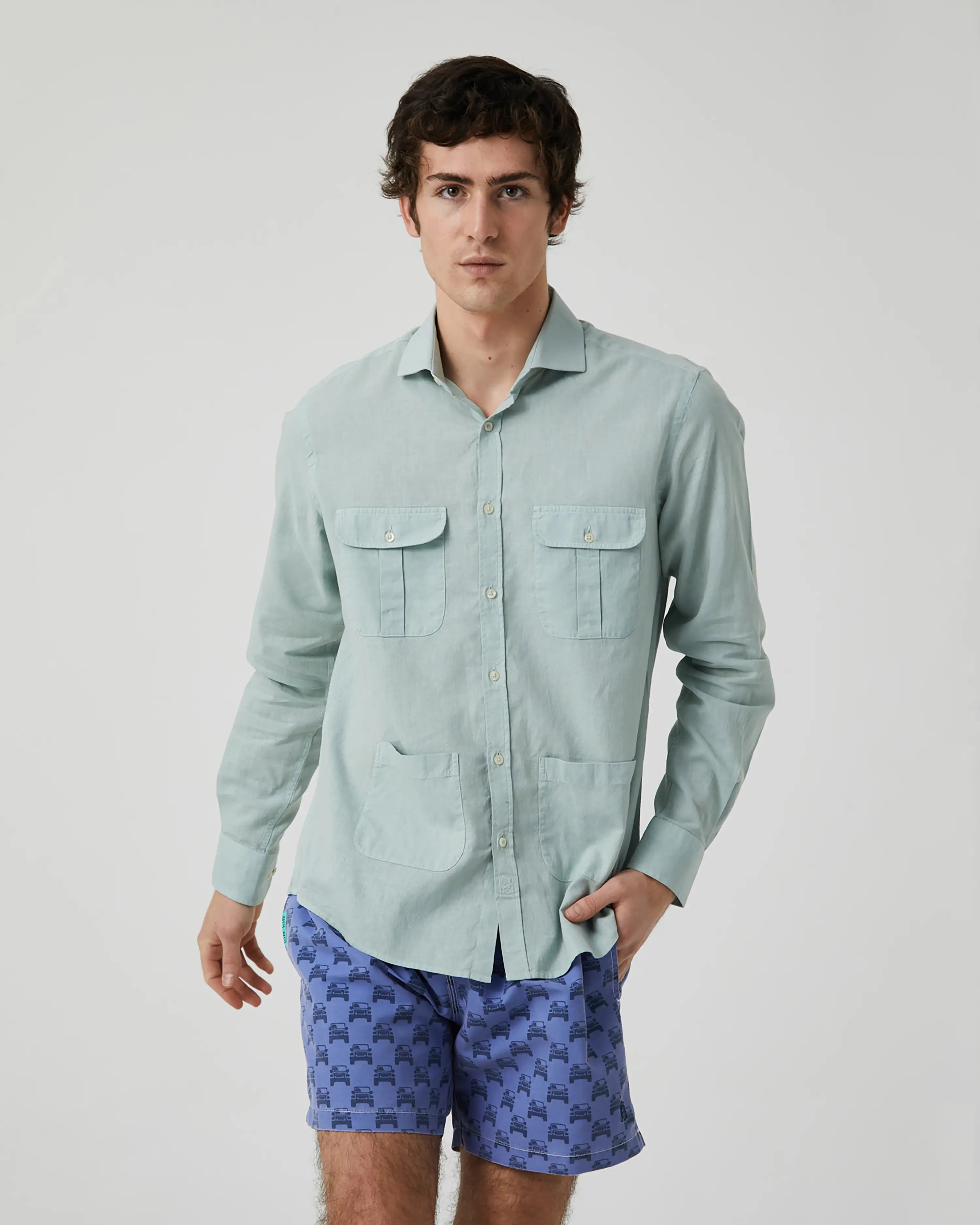 Camisa de Hombre Tipo Sahariana en Mezcla de Lino y Algodón