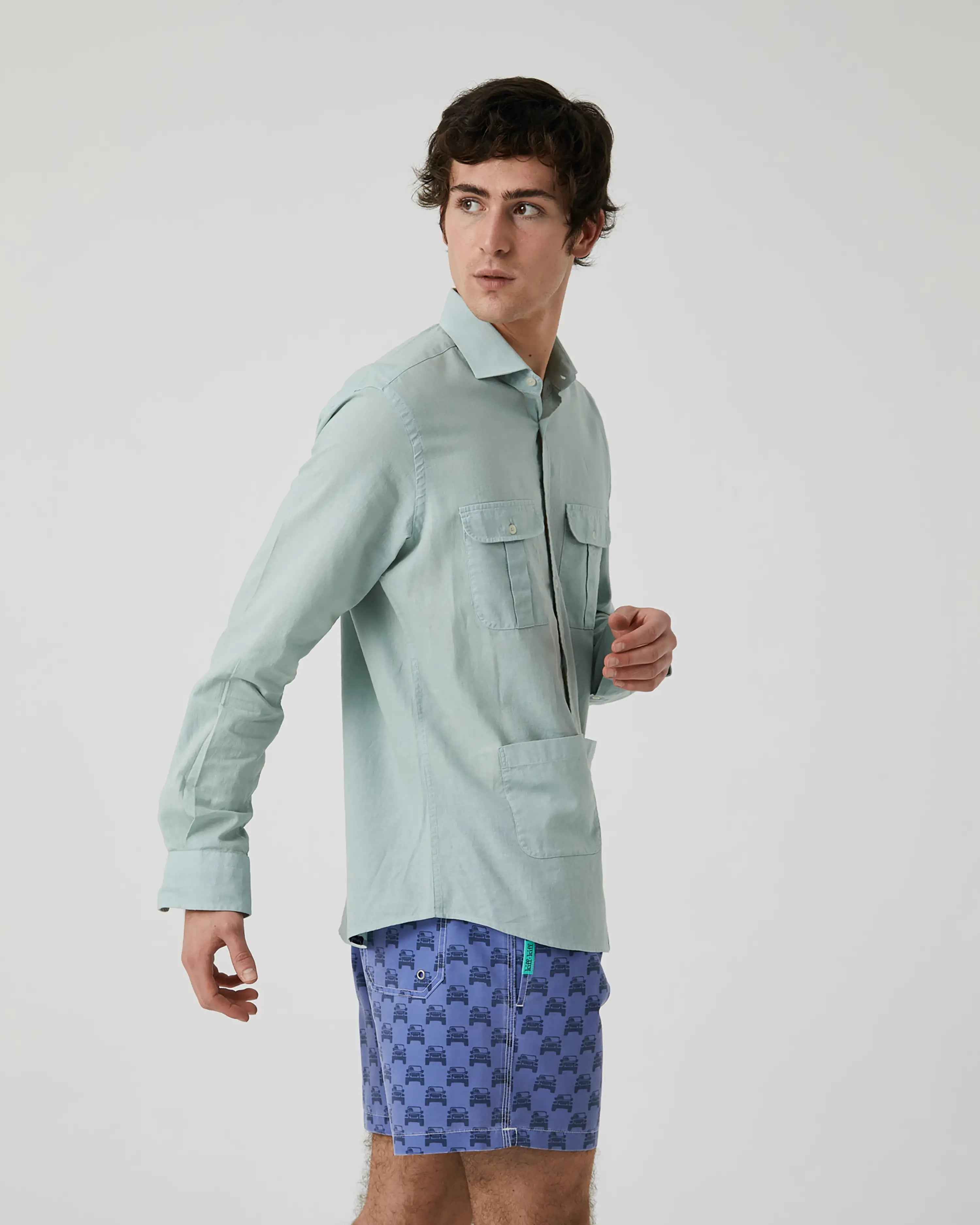 Camisa de Hombre Tipo Sahariana en Mezcla de Lino y Algodón