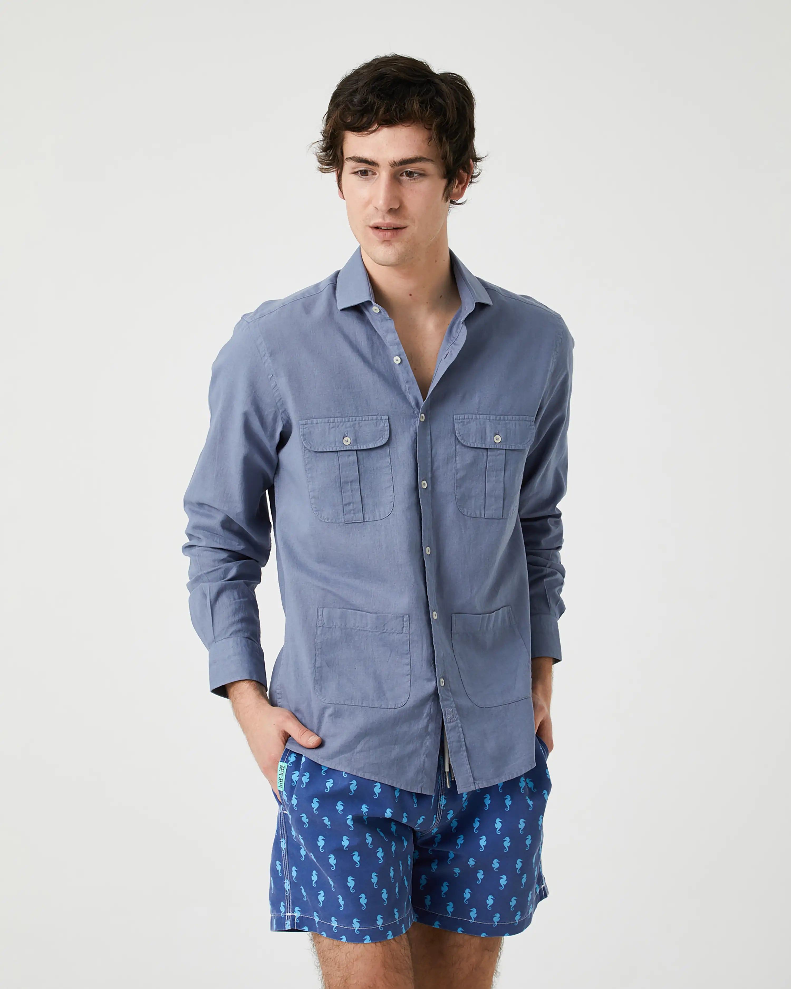 Camisa de Hombre Tipo Sahariana en Mezcla de Lino y Algodón