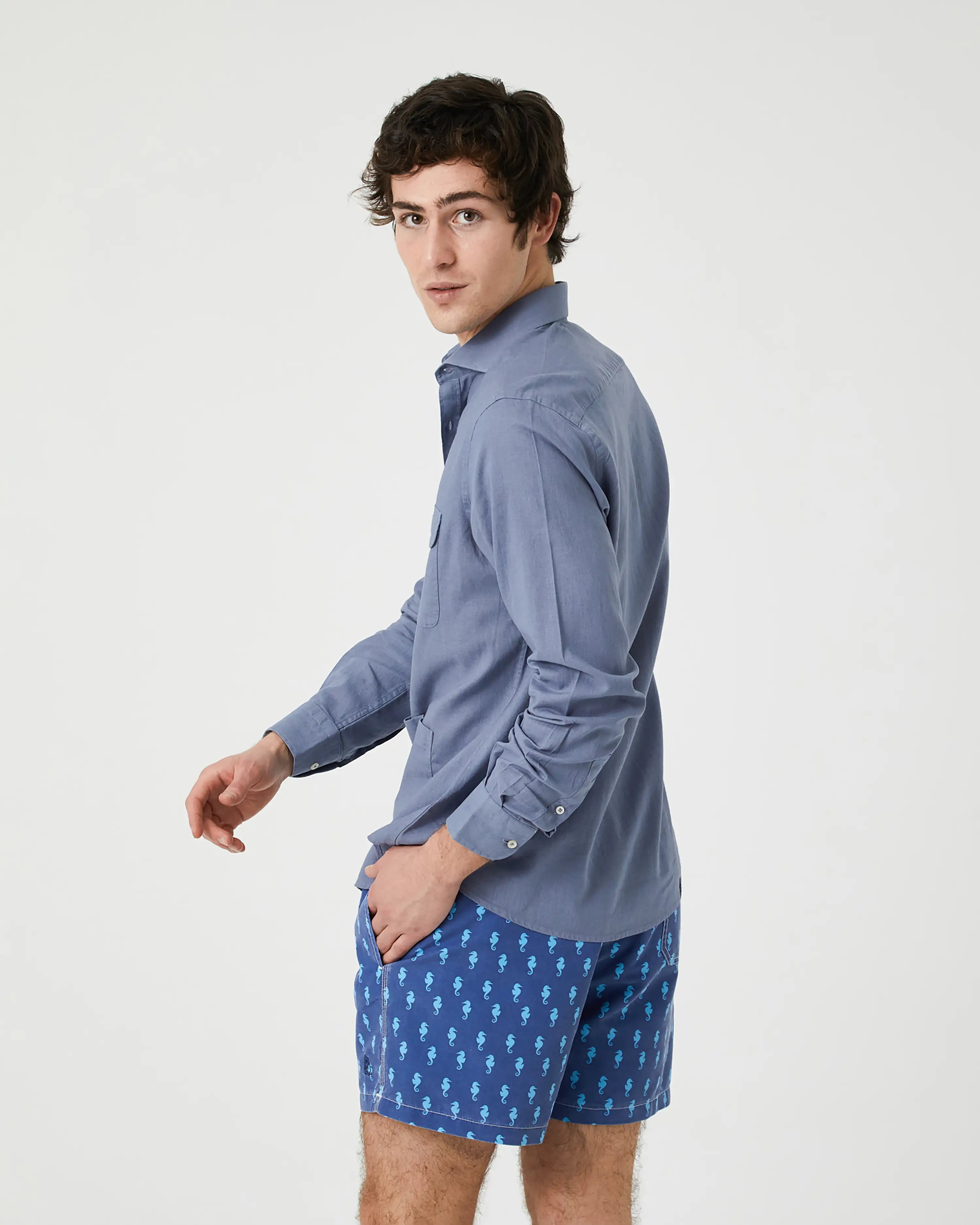 Camisa de Hombre Tipo Sahariana en Mezcla de Lino y Algodón