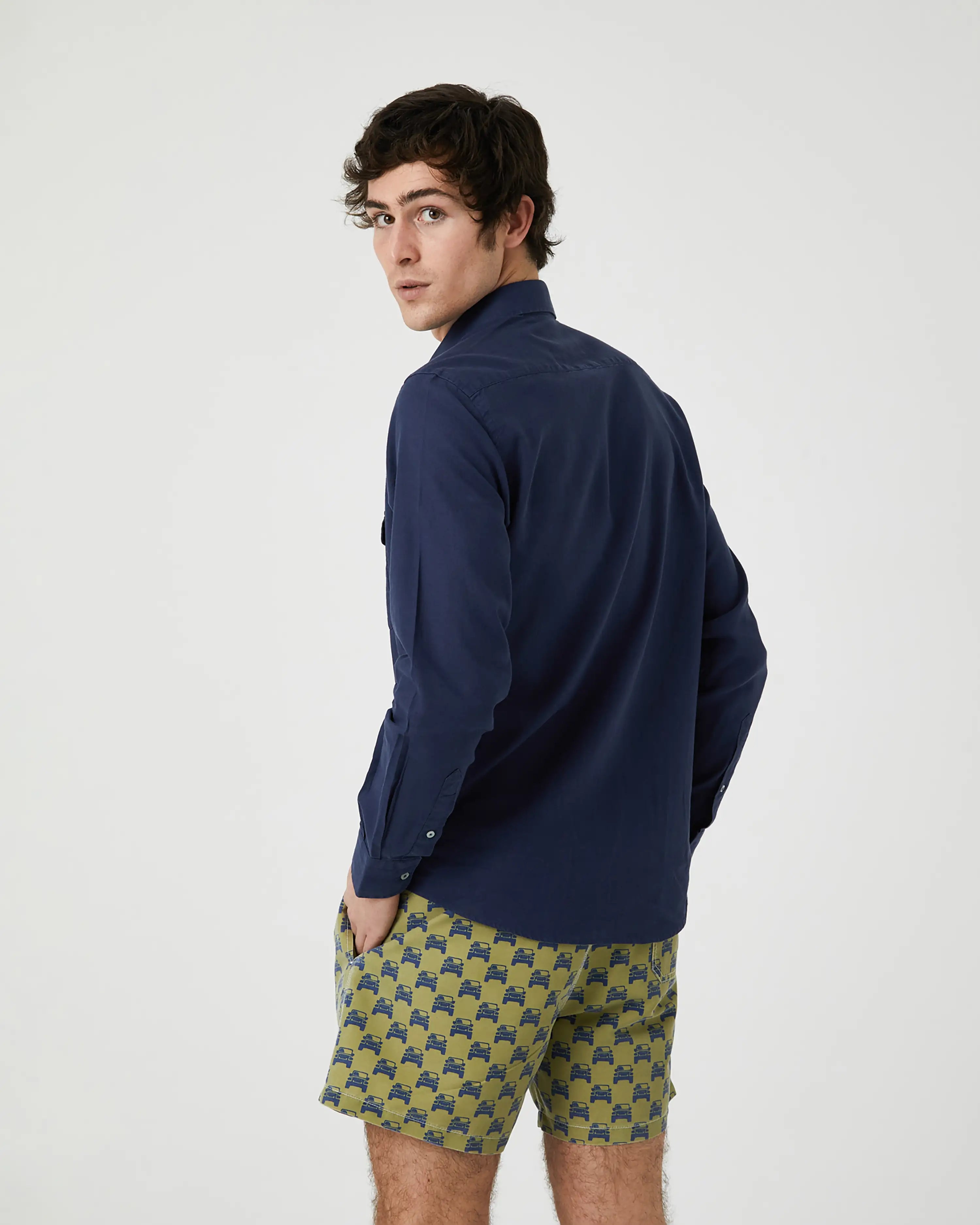 Camisa de Hombre Tipo Sahariana en Mezcla de Lino y Algodón