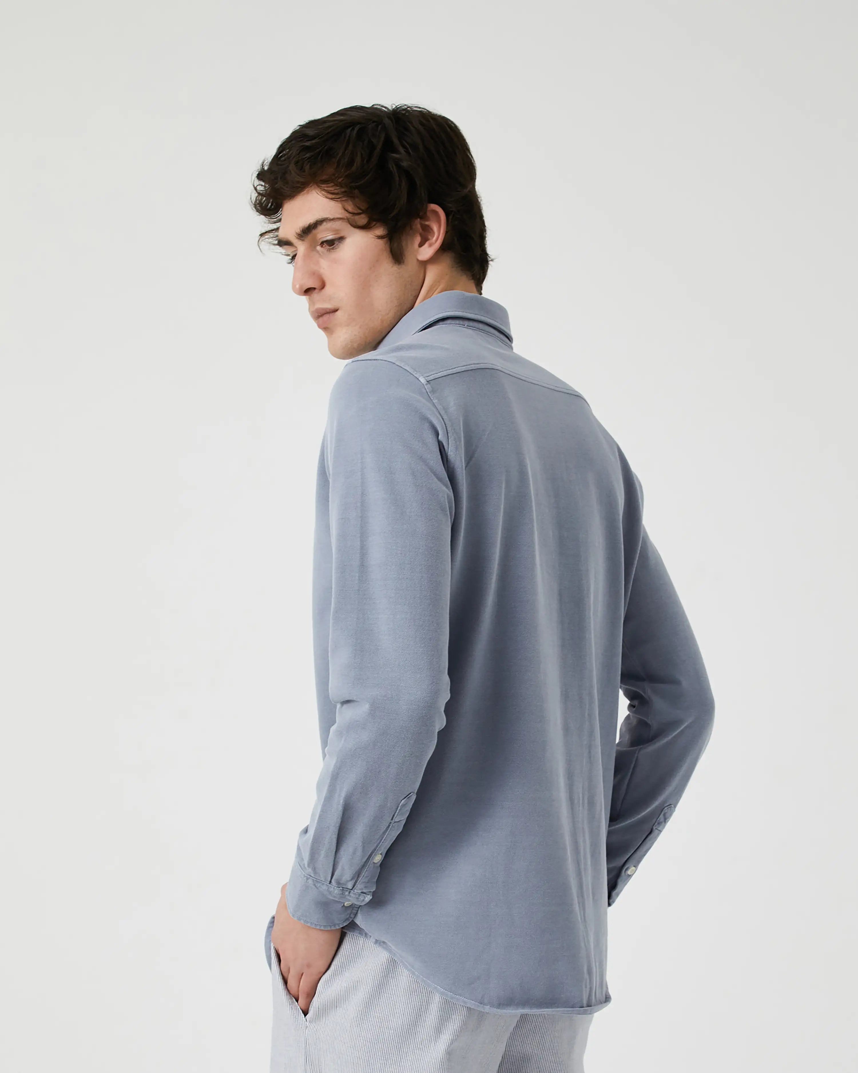 Camisa Lisa manga larga de Piqué desgastado azul jeans