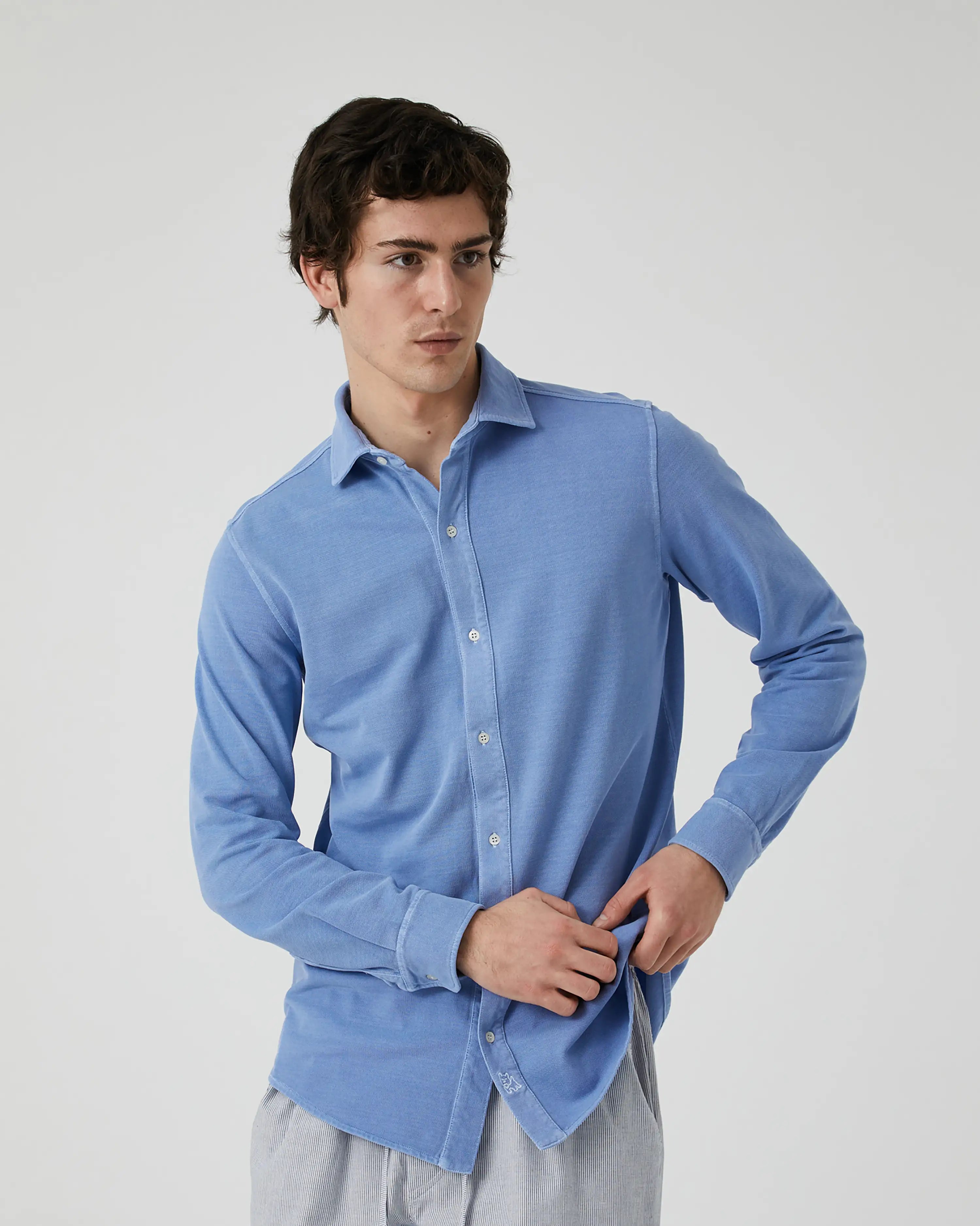 Camisa Lisa manga larga de Piqué azul claro desgastado