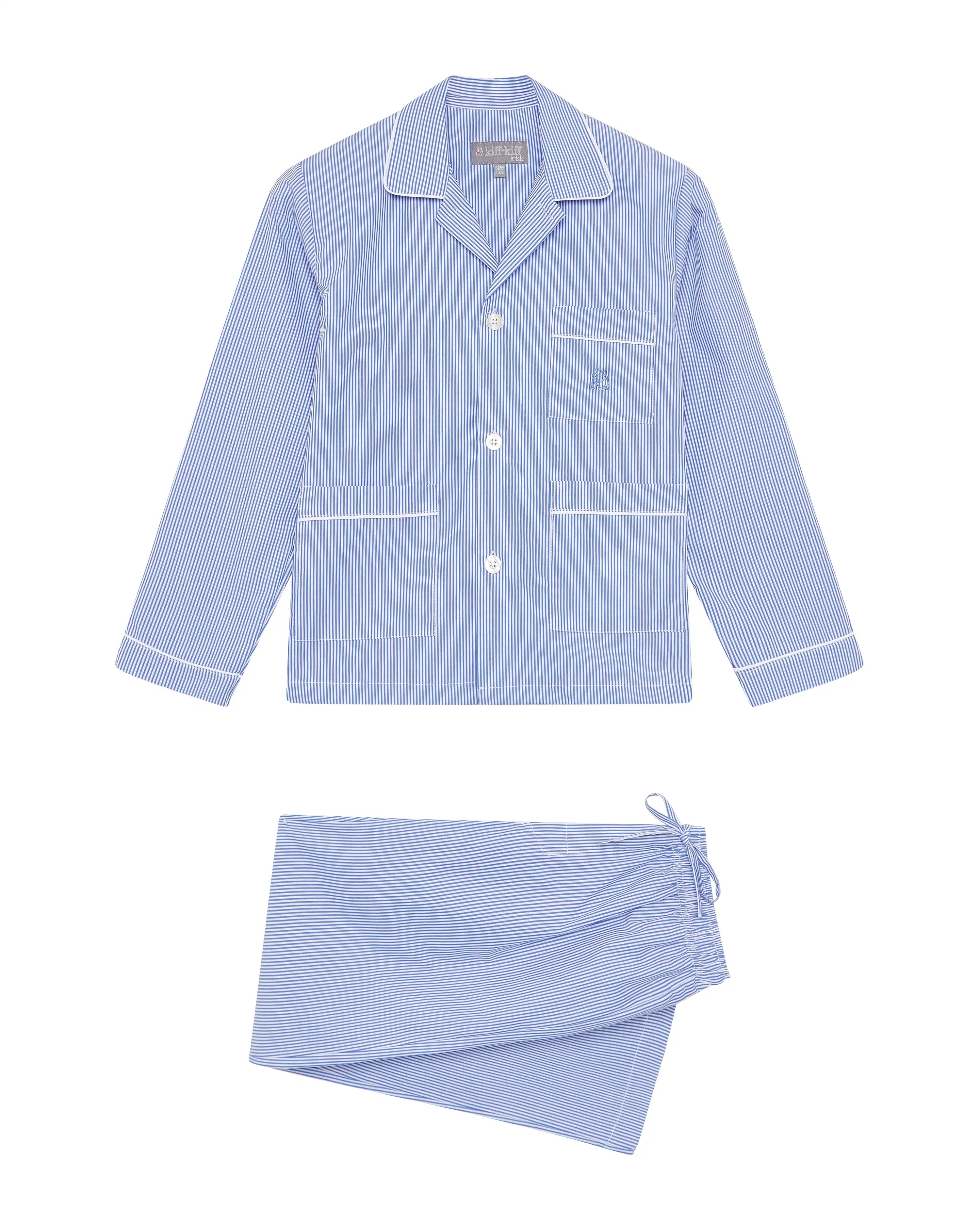 Pijama de niño Kiff Kiff largo de algodón  azul con multi rayas blanca