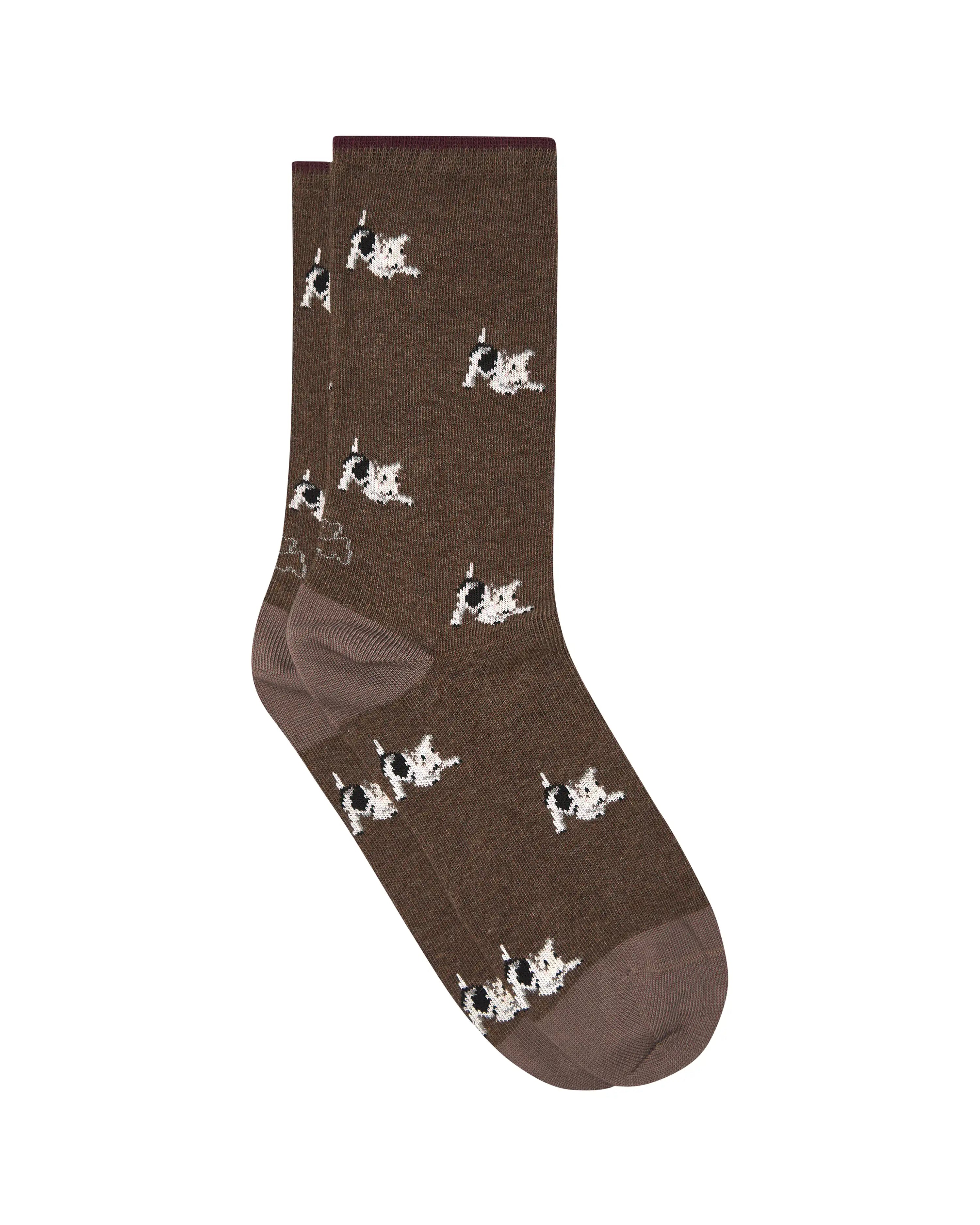 Calcetines media caña de mujer Kiff Kiff estampado perro juguetón marrón