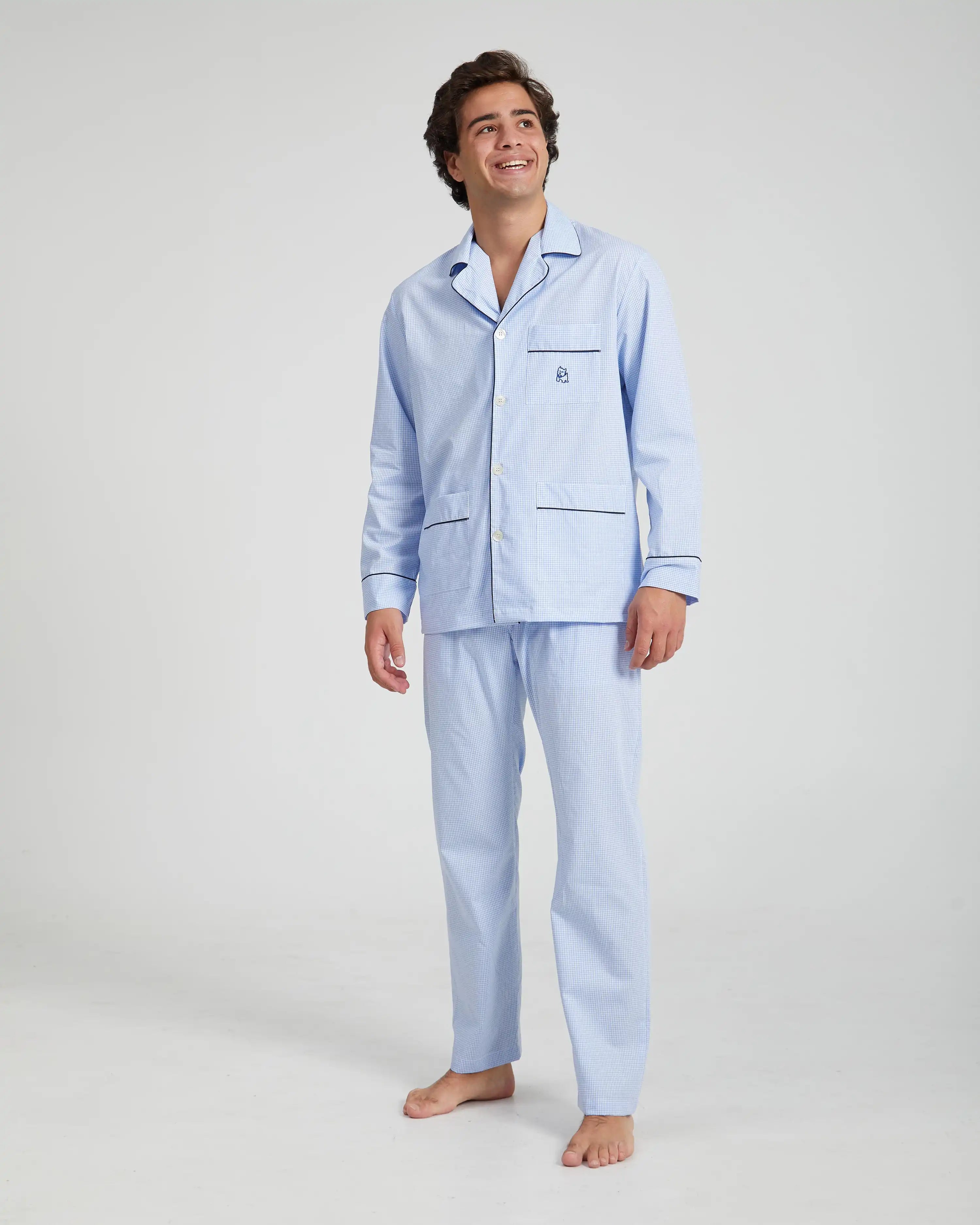 Pijama largo de hombre Kiff Kiff de tela con cuadro vichy azul