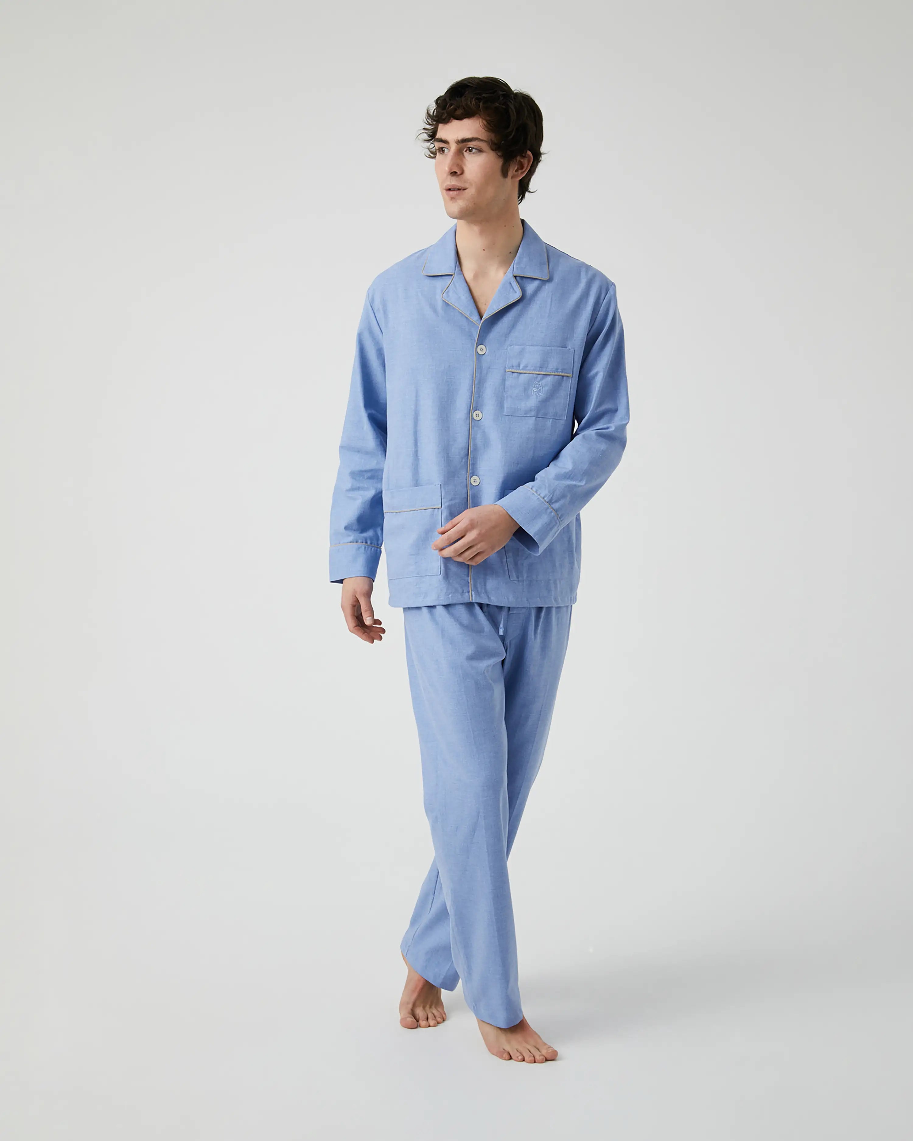 Pijama largo de hombre en viyela azul