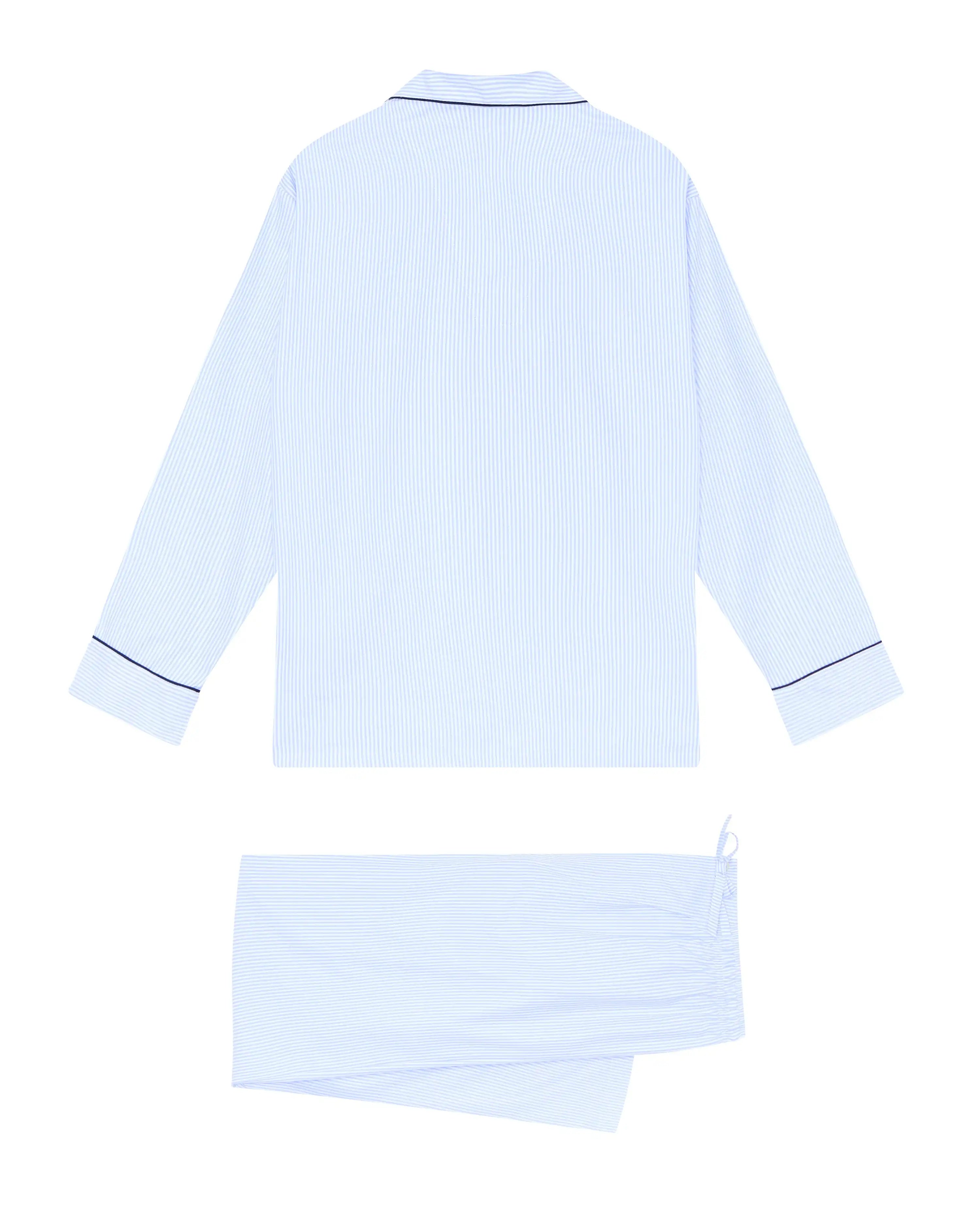 Pijama largo de hombre en tela oxford de rayas azul claro