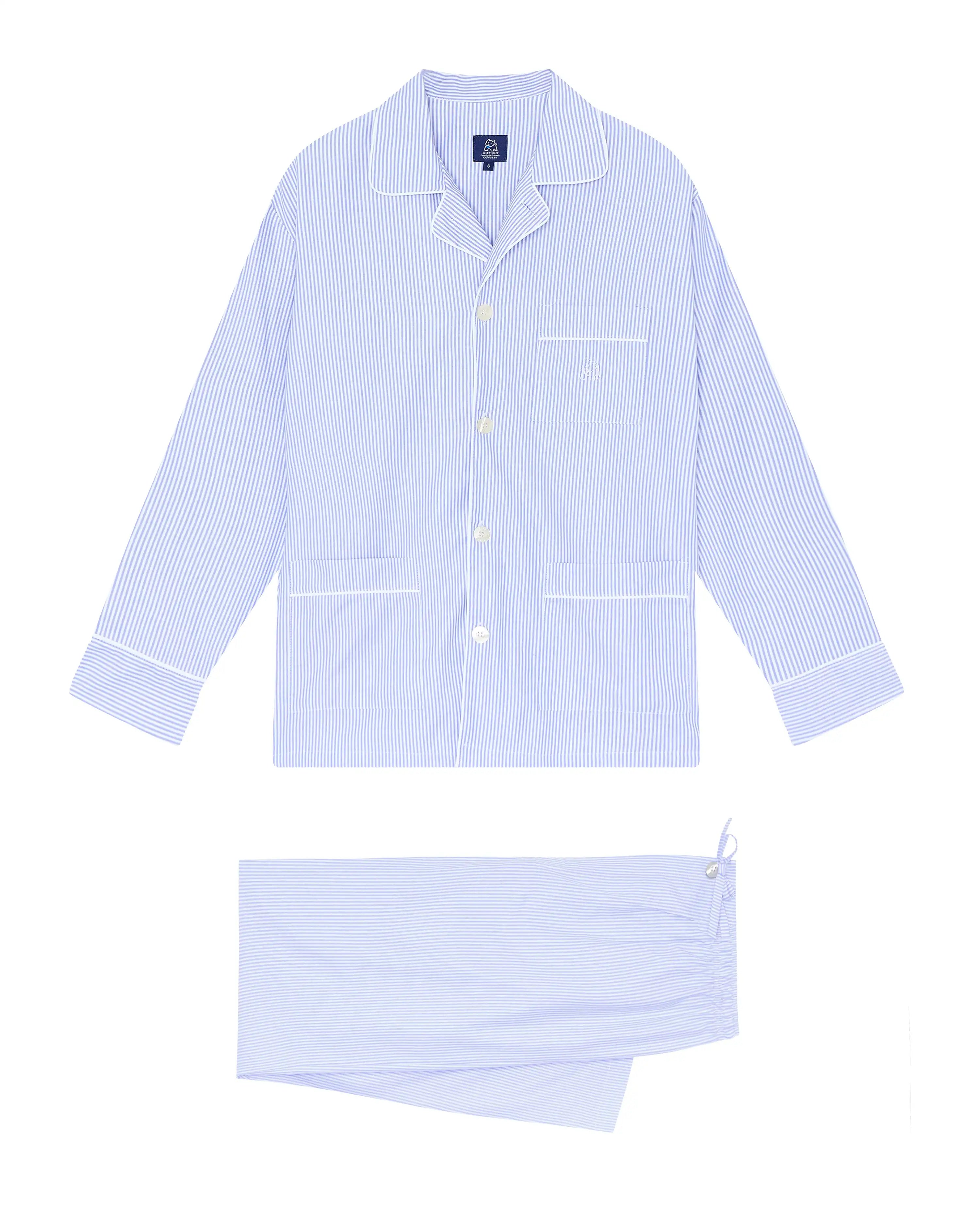 Pijama largo de hombre de tela oxford blanco con rayas en azul