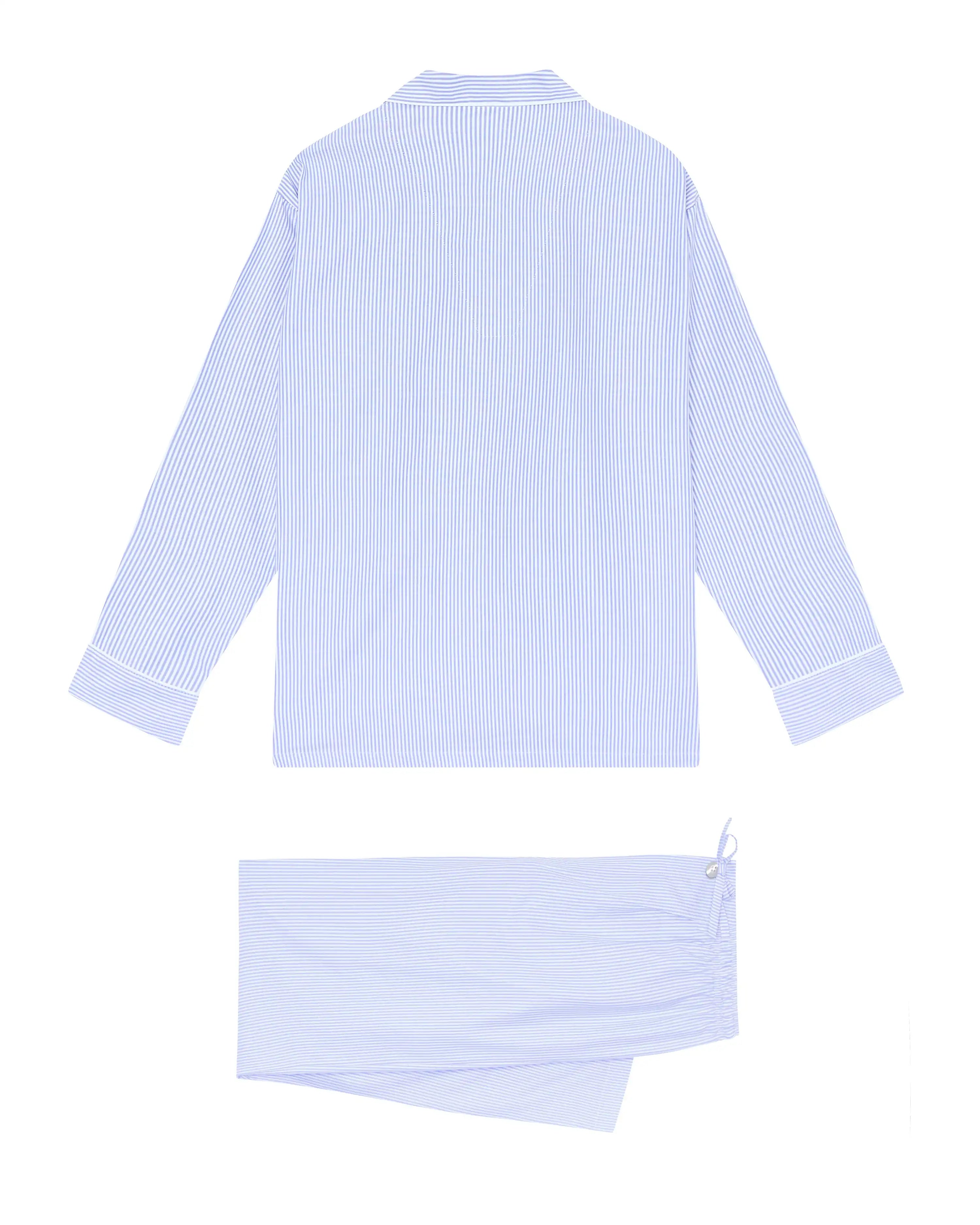 Pijama largo de hombre de tela oxford blanco con rayas en azul