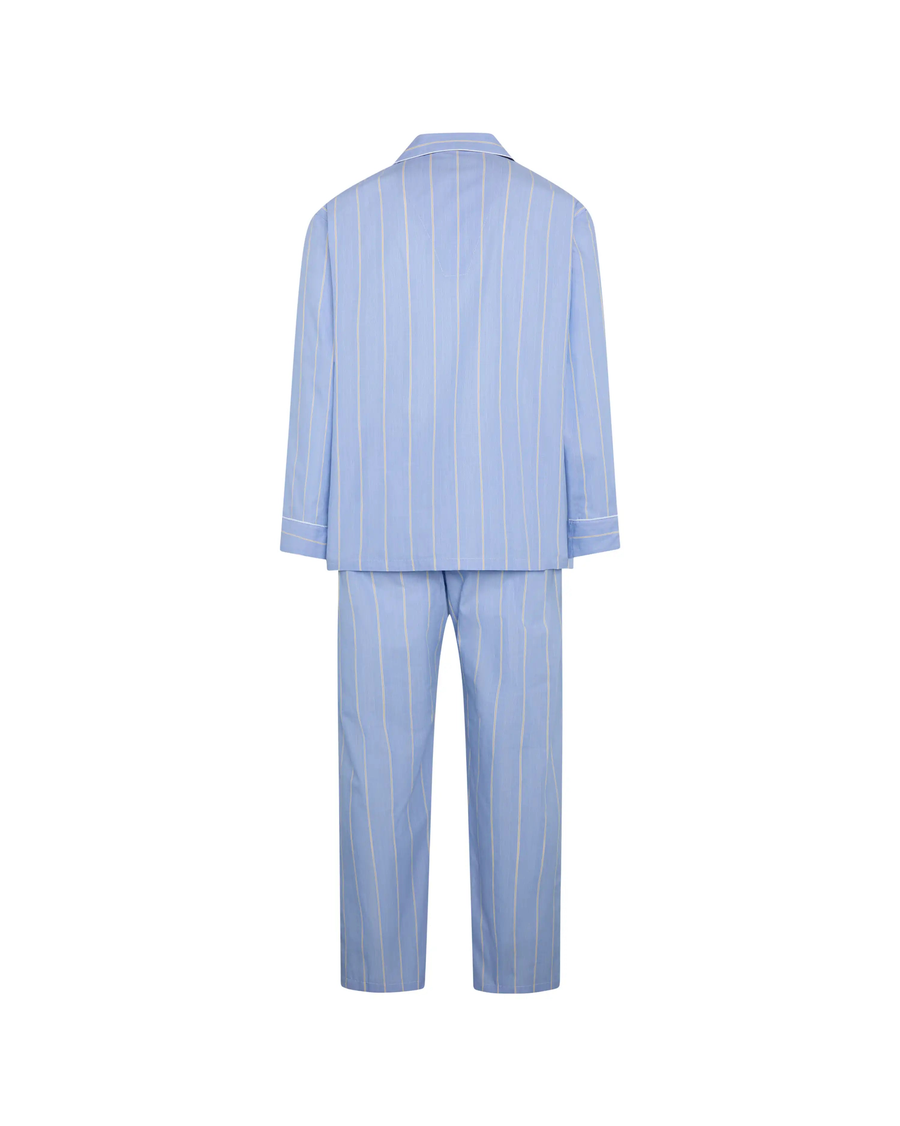 Pijama largo de hombre de tela algodón azul con rayas en amarillo