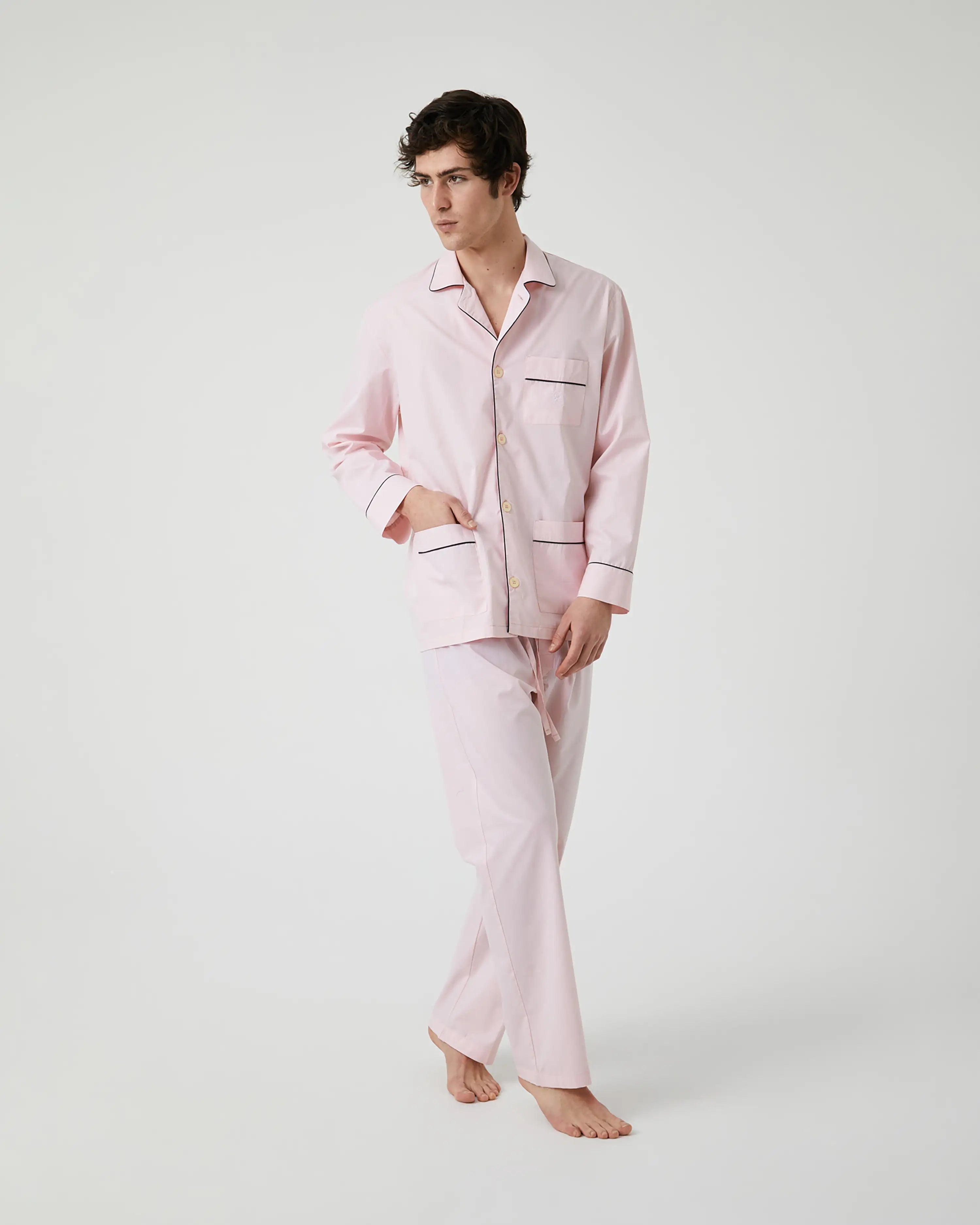 Pijama largo de hombre de tela de algodón rosa