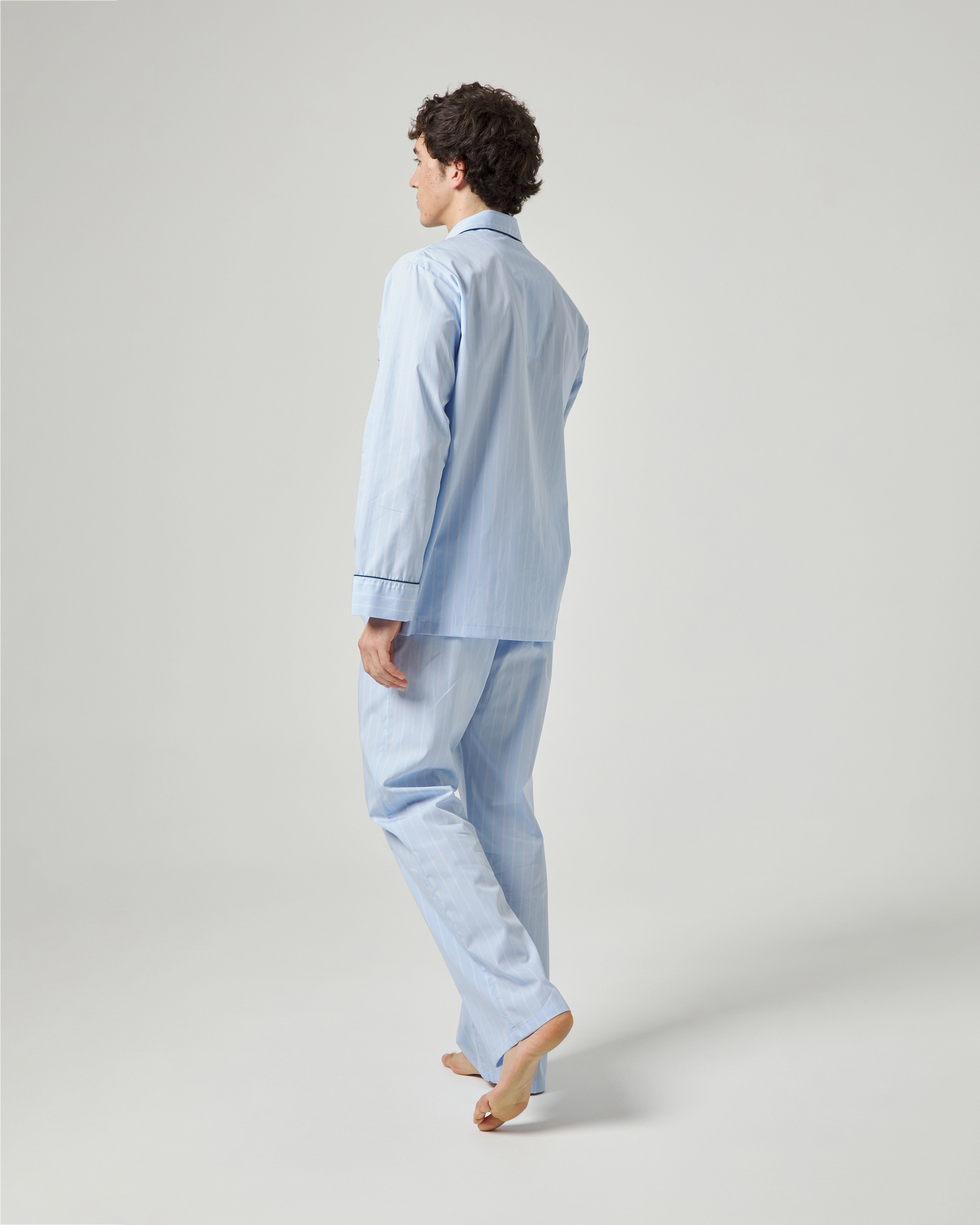 Pijama largo de hombre de tela algodón azul con raya en azul marino