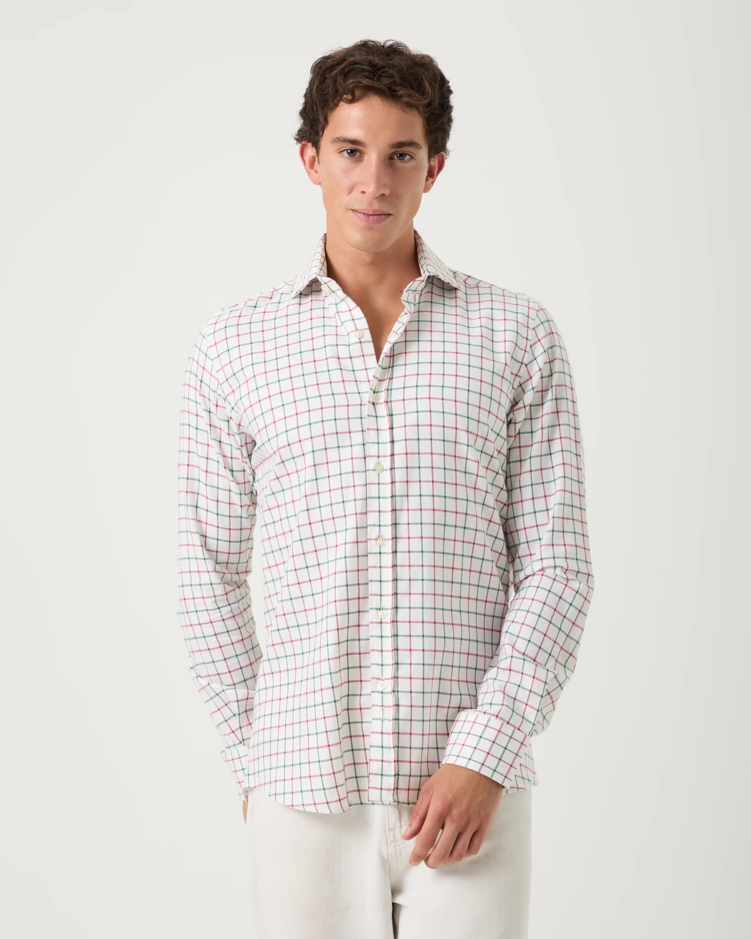 Camisa casual de algodón cuadros verde grana