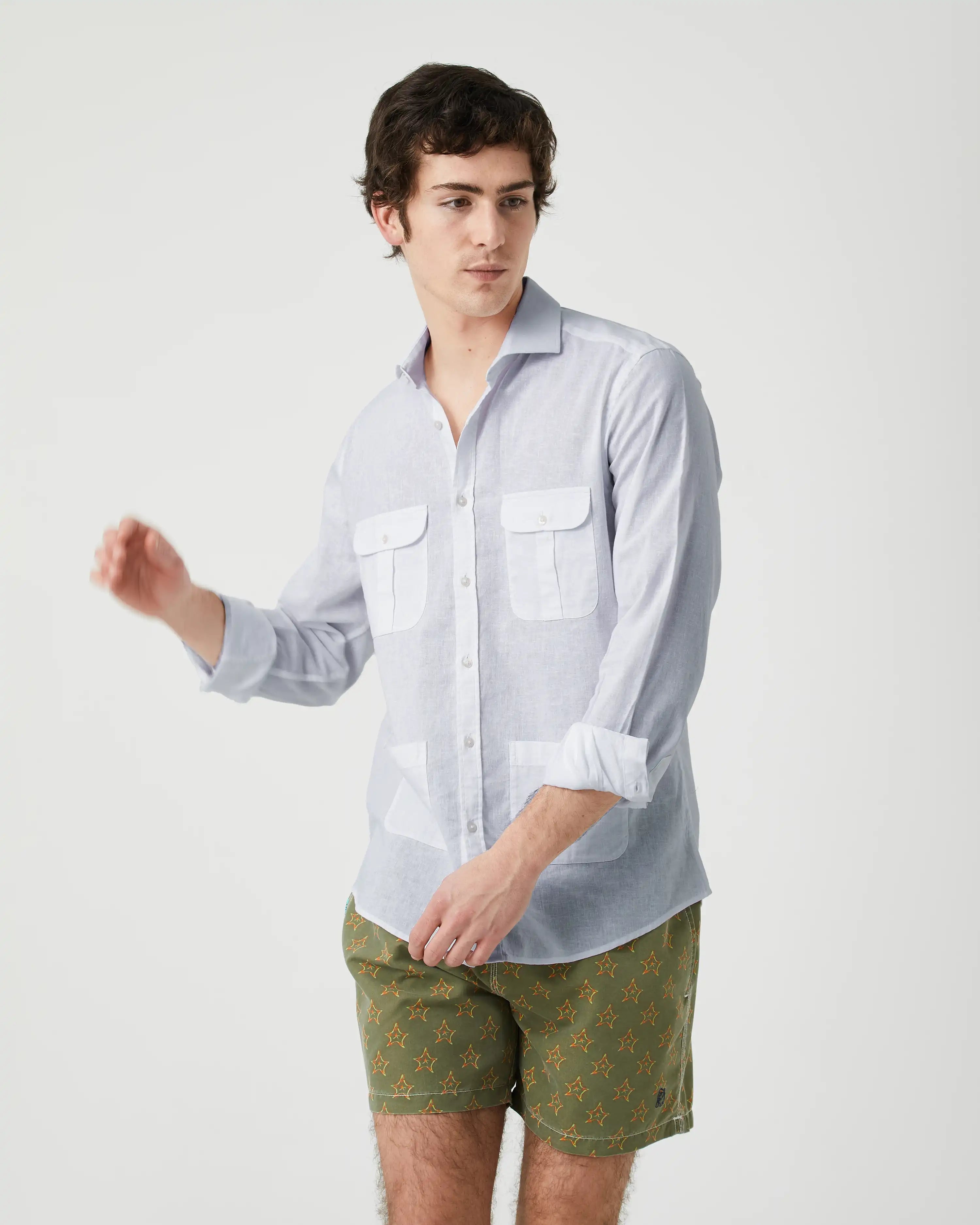 Camisa de Hombre Tipo Sahariana en Mezcla de Lino y Algodón