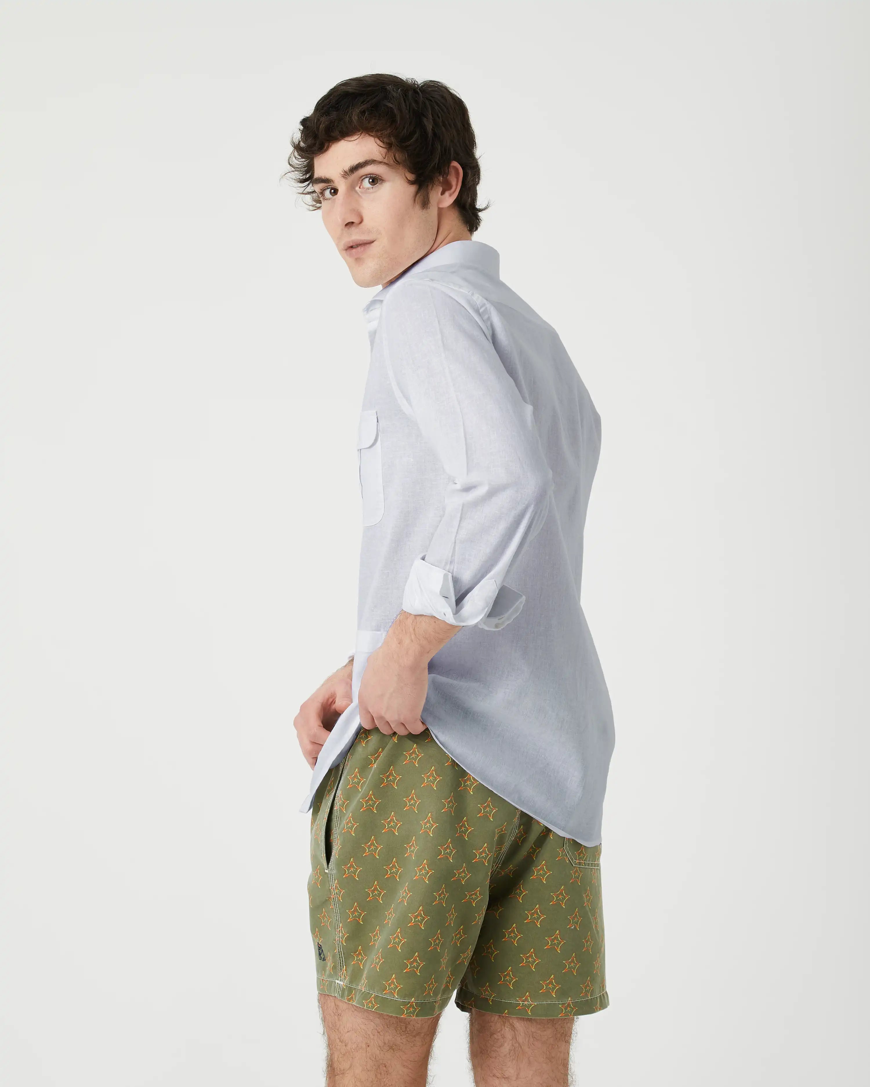 Camisa de Hombre Tipo Sahariana en Mezcla de Lino y Algodón